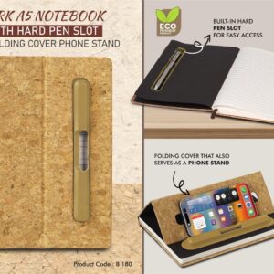 Cork A5 Notebook with Hard pen slot and Folding cover Phone Stand