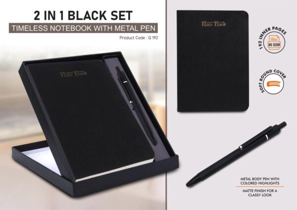 2 in 1 Black Set: Timeless notebook with Metal Pen in Gift Box