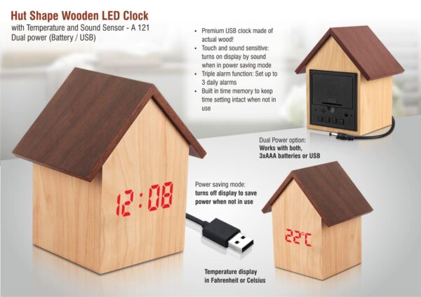 Hut shape wooden LED clock with temperature and sound sensor | Dual power (Battery / USB)