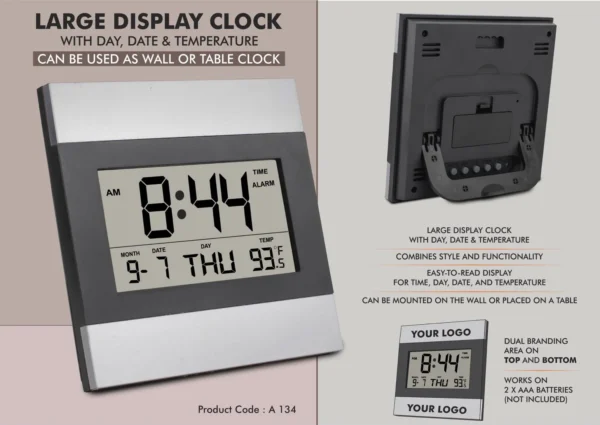 Large display clock with Day, Date & Temperature | Can be used as wall or table clock